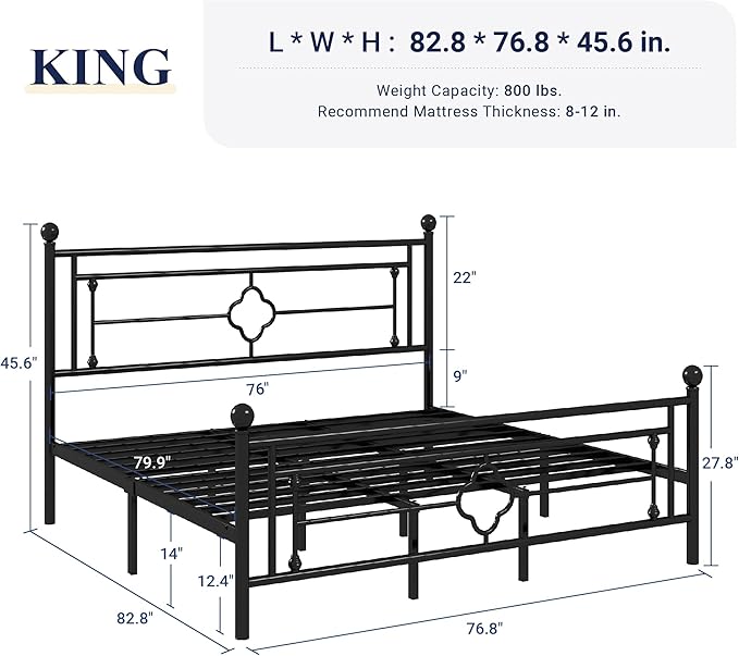 Allewie King Size Metal Platform Bed Frame with Victorian Vintage Headboard and Footboard/Mattress Foundation/Under Bed Storage/No Box Spring Needed/Noise-Free/Easy Assembly, Black - LeafyLoom