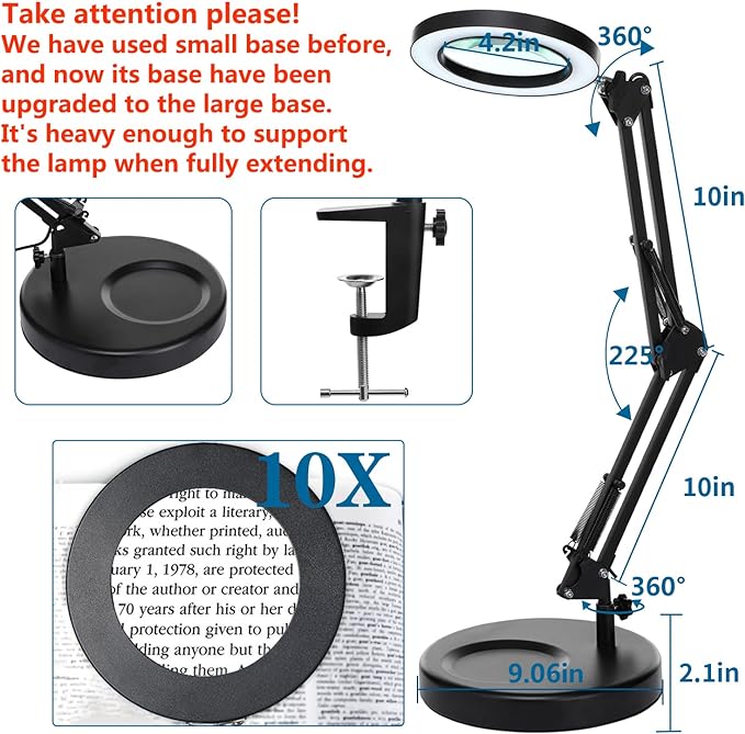 10X Magnifying Glass with Light, HITTI 1,800 Lumens Stepless Dimmable, 3 Color Modes, 4.2″ Real Glass Lens LED Desk Lamp & Clamp, Magnifier Light and Stand for Crafts Welding Close Work - LeafyLoom