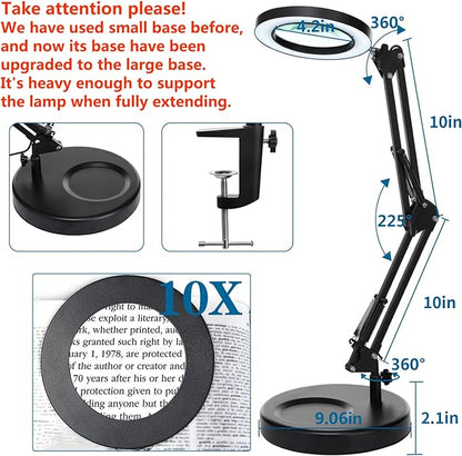 10X Magnifying Glass with Light, HITTI 1,800 Lumens Stepless Dimmable, 3 Color Modes, 4.2″ Real Glass Lens LED Desk Lamp & Clamp, Magnifier Light and Stand for Crafts Welding Close Work - LeafyLoom