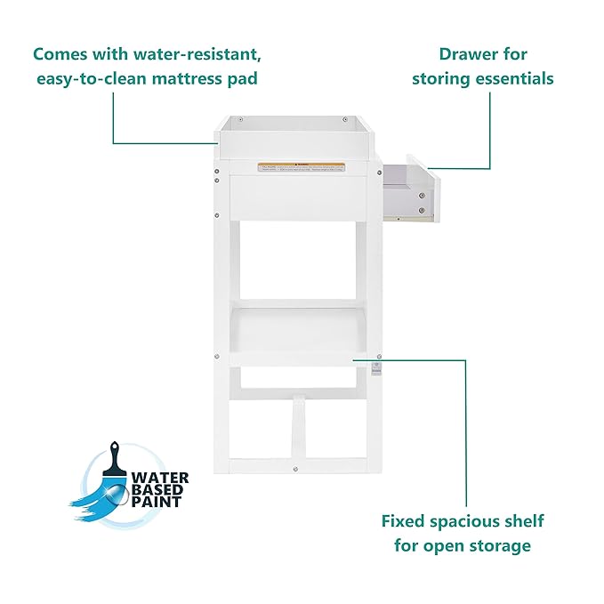 Arlo Changing Table in White, Made of Solid New Zealand Pinewood, Non-Toxic Finish, Comes with Water Resistant Mattress Pad & Safety Strap - LeafyLoom