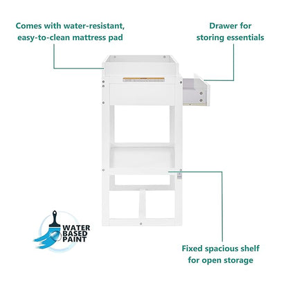 Arlo Changing Table in White, Made of Solid New Zealand Pinewood, Non-Toxic Finish, Comes with Water Resistant Mattress Pad & Safety Strap - LeafyLoom