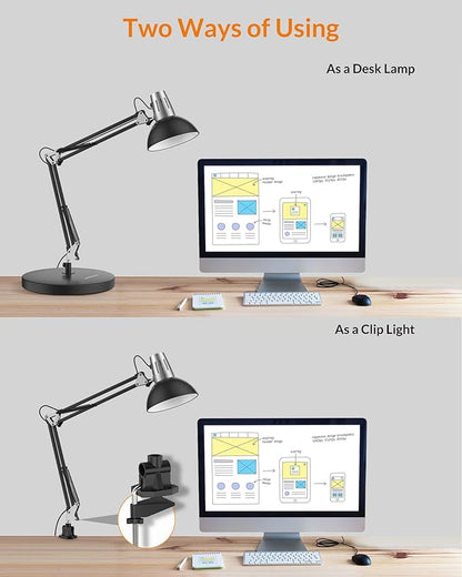 LEPOWER Metal Desk Lamp, Adjustable Goose Neck Architect Table Lamp with On/Off Switch, Swing Arm Desk Lamp with Clamp, Eye-Caring Reading Lamp for Bedroom, Study Room &Office (Black) - LeafyLoom