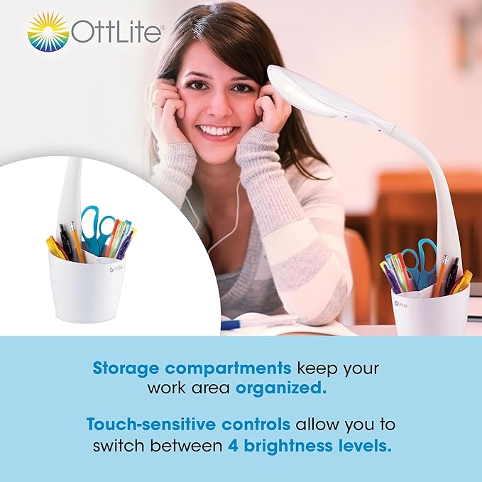 OttLite LED Desk Lamp Space Organizer with Flexible Neck Height - 4 Brightness Settings with Touch Activated Controls, Energy-Efficient Natural Daylight LEDs for Home Office, Desk, & Dorms - LeafyLoom