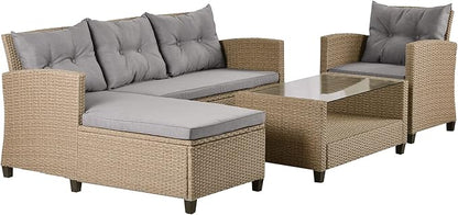 4 Piece Outdoor Patio Furniture Set, Sectional Conversation All-Weather Grey PE Wicker w/Seat Cushions for Backyard Porch Garden Poolside Balcony, Onesize, Ob-Gray - LeafyLoom