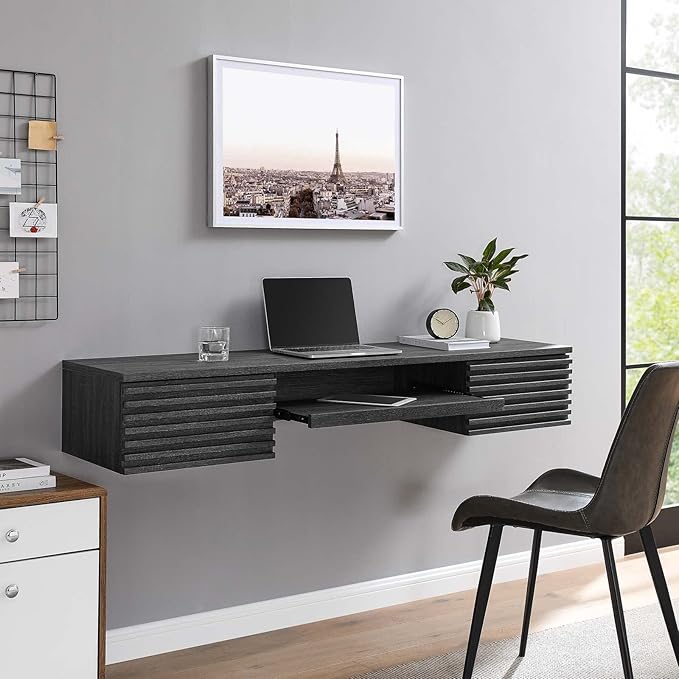 Modway Render Mid-Century Modern, Wall Mount Office Desk, Charcoal - LeafyLoom