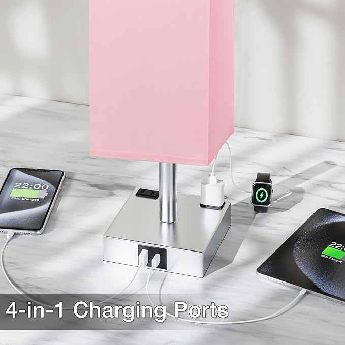 Touch Bedside Table Lamp For Nightstand - 3-Way Dimmable Night Lamp with USB A + Type C Charging Ports and two AC Outlets, Small Desk Light with E26 LED Bulb for Bedroom Living Room Dorm Office, PINK - LeafyLoom