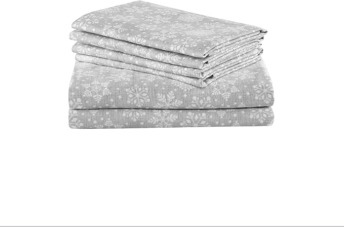 Comfort Spaces Cotton Flannel Breathable Warm Deep Pocket Sheets with Pillow Case Bedding, Cal King, Grey Snowflakes 4 Piece - LeafyLoom