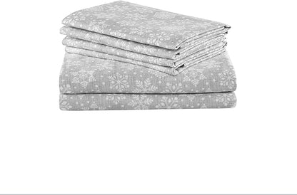 Comfort Spaces Cotton Flannel Breathable Warm Deep Pocket Sheets with Pillow Case Bedding, Cal King, Grey Snowflakes 4 Piece - LeafyLoom