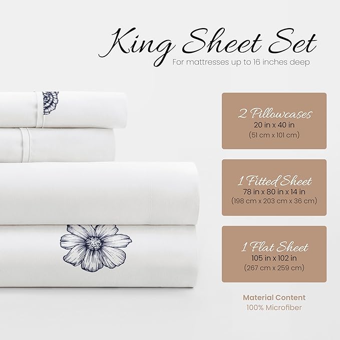 Linen Market 4 Piece King Bedding Sheet Set (Navy Blue Flowers) - Sleep Better Than Ever with These Ultra-Soft & Cooling Bed Sheets for Your King Size Bed - Deep Pocket Fits 16" Mattress - LeafyLoom