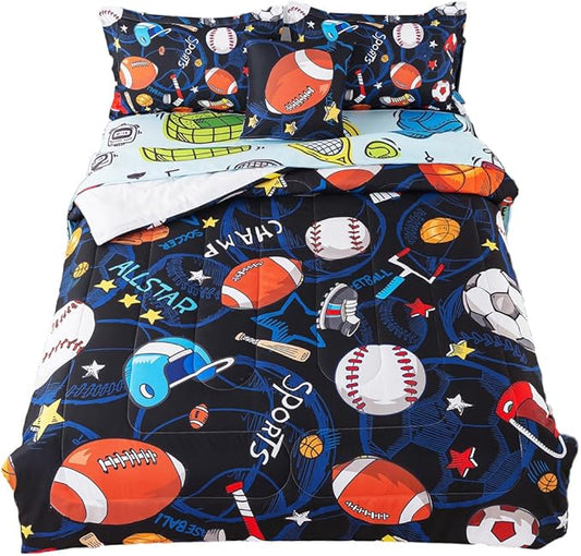 ADASMILE A & S Sports Comforter Set Twin for Boys Kids Bed in A Bag Comforter 6 Piece 3D Soccer Basketball Baseball Football Bedding Set for Kids Football Comforter with Sports Sheet Sets Home Decor - LeafyLoom