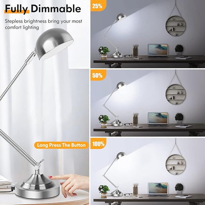 Touch Control LED Desk Lamp with USB Charging Port, Architect Brushed Nickle Lamp with Adjustable Swing Arm, Dimmable Silver Desk Lamp for Home Office Reading Study, 3000K/4000K/5000K 3 Color Modes - LeafyLoom