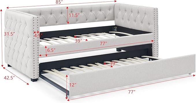 Twin Size Upholstered Daybed with Trundle, Bedroom Wooden Sofa Bed Frame w/Button Tufted and Copper Nail on Square Arms, No Spring Box Need, for Dorm, Beige (85"x42.5"x31.5") - LeafyLoom