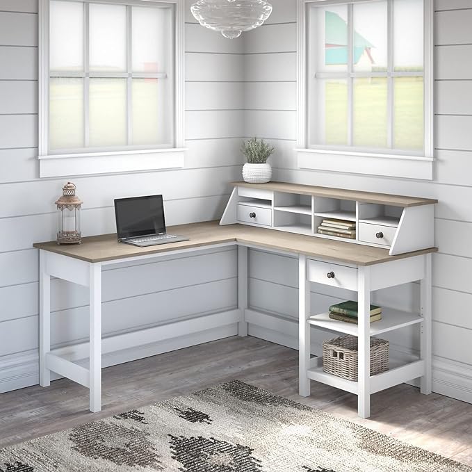 Bush Business Furniture Mayfield L Shaped Computer Desk Desktop Organizer | Storage for Home Office Workspace, 60W, Shiplap Gray/Pure White - LeafyLoom