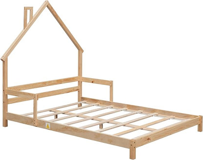 Full Size Bed Frame for Kids,House-Shaped Headboard Kids Bed,Girls Bed with Handrails,Low Platform Bed for Boys Girls,No Box Spring Needed(Natural) - LeafyLoom