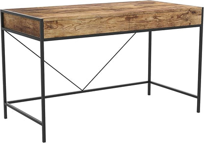 Safdie & Co. Computer Desk 49inch for Home Office and Small Spaces with 2 Drawers Brown Reclaimed Wood with Black Metal. Ideal for Writing, Gaming, Study, Work from Home. - LeafyLoom