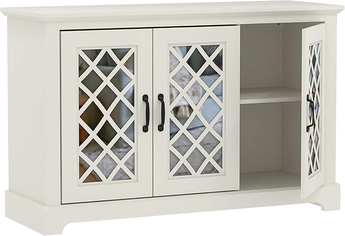 Galano Millicent 3 Door Sideboard with Acrylic Mirrors, Kitchen Buffet Cabinet, Farmhouse Coffee Bar Display Cabinet for Home Kitchen, Living Room, Dining Room and Hallway, Ivory - LeafyLoom