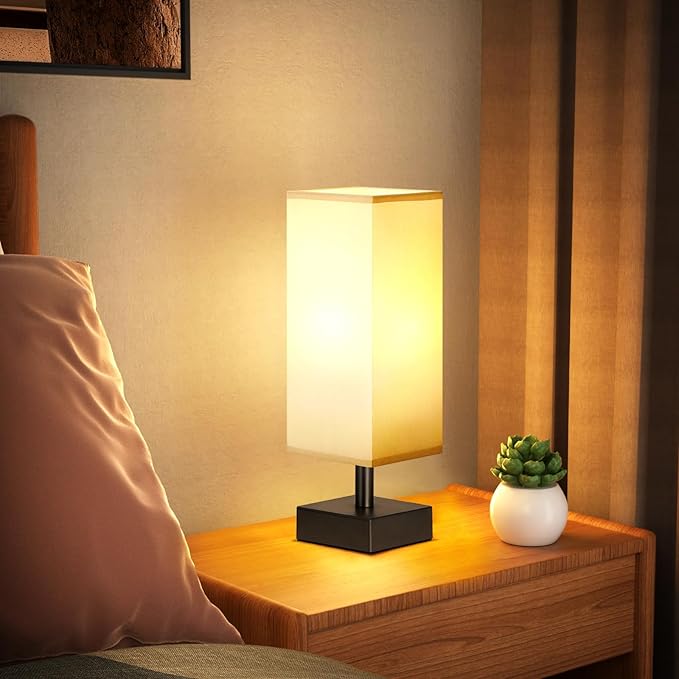 Grey Small Table Lamp for Bedroom - Bedside Lamps for Nightstand, Minimalist Night Stand Light Lamp with Square Fabric Shade, Desk Reading Lamp for Kids Room Living Room Office - LeafyLoom