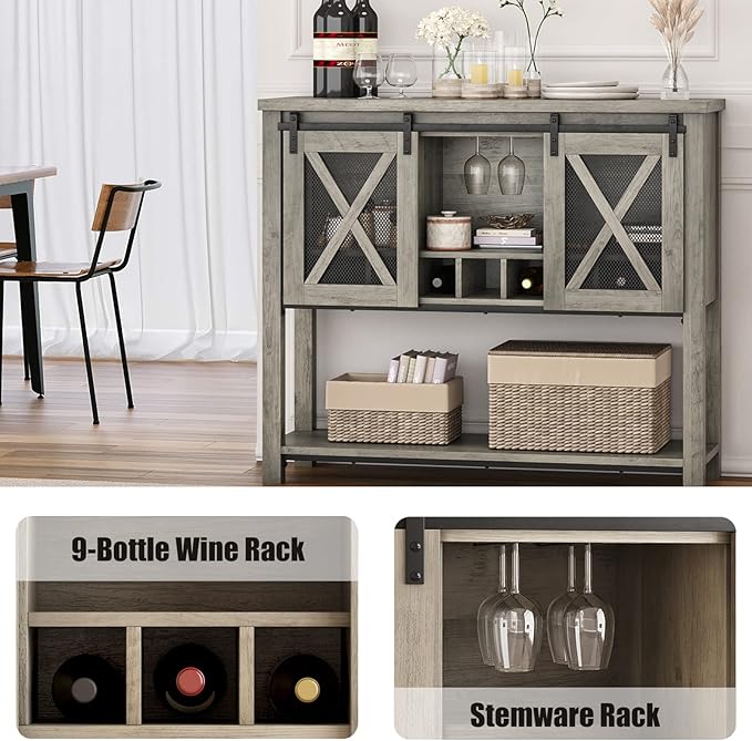 IDEALHOUSE Buffet Storage Cabinet Farmhouse Wine Cabinet Coffee Bar Table with Wine Glass Rack and Storage, Wood Buffets and Sideboards with Barn Mesh Door for Kitchen, Dining, Living Room - LeafyLoom