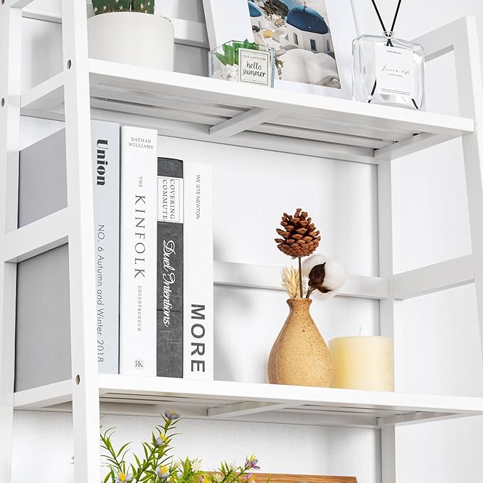 4-Tier Bamboo Bookshelf Ladder Shelf Book Shelf Bookcase Freestanding Storage Rack Plant Stand for Bedroom, Living Room, Bathroom, Small Space, Light white - LeafyLoom