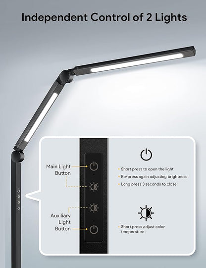 MediAcous LED Desk Lamp with Clamp, Dual Light Desk Lamp with Swing Arm, 4 Color Modes & 4 Brightness Metal Table Lamp, Eye-Caring Clip-on Lamp with Memory Function for Home Office Work Study - LeafyLoom