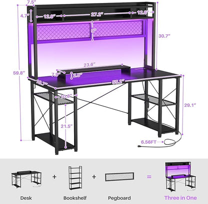 armocity 2024 Upgrade Gaming Desk with Hutch, 55.2'' Magic Computer Desk with LED Lights and Outlets, Reversible Workstation Desk with Pegboard and Monitor Stand, Gamer Desk PC Table, Black - LeafyLoom