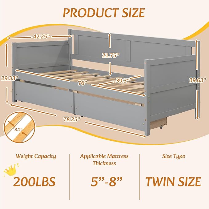 Twin Daybed with 2 Storage Drawers,Pinewood Twin Size Daybed Frame with Solid Guardrail,Dual-Use Sofa Daybed for Boys/Girls/Teens Bedroom, Easy to Assemble, No Box Spring Needed,Grey - LeafyLoom