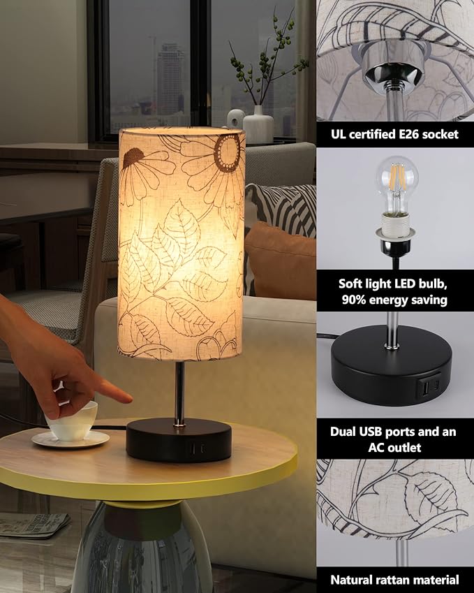 Touch Control Desk Lamp with 2 USB Ports, 3-Way Dimmable Bedside Lamp for Bedroom, Nightstand Lamp with Round Flower Fabric Shade for Living Room, Home Office (secret-single) - LeafyLoom