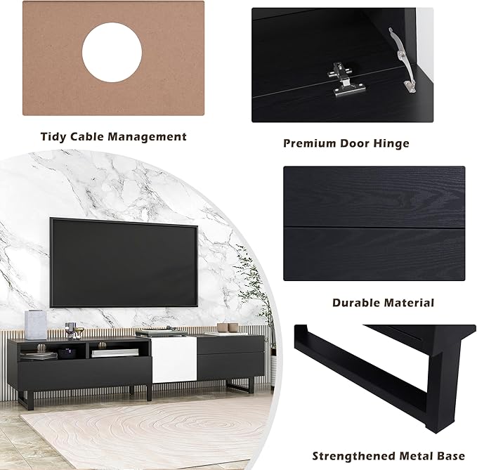 Inch Modern Stand with Double Storage, Drop Down Doors, Cable Management-Media Console Table, Entertainment Center for Living Room, Bedroom, Support 80" TV, Black - LeafyLoom