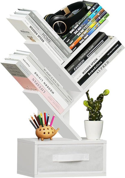 Small Bookshelf with Drawer,4 Tier Tree Book Shelf,Wood Desk Bookshelves,Modern Free Standing Desktop Display Shelves,White Floor Standing Organizer Bookcase for Living Room,Bedroom,Office - LeafyLoom