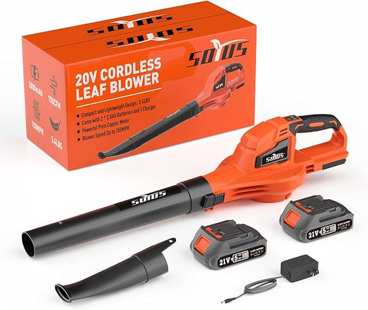 SOYUS Leaf Blower, 20V Leaf Blower Cordless with 2x2.0Ah Battery and Charger, 150 MPH Electric Leaf Blower with Two-Speed Mode, Blowers for Lawn Care, Debris Dust Cleaning(Orange) - LeafyLoom