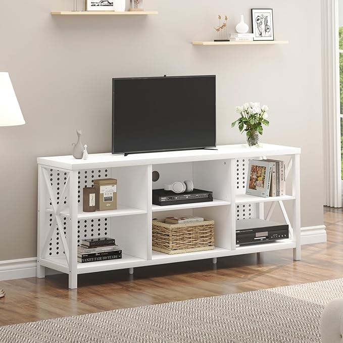 LVB White Entertainment Center, Industrial Wood TV Stand for 65 Inch TV, Modern Metal Media Console Table with Cabinet, Television Stands with Storage Shelf for Living Room Bedroom, White Oak, 55 Inch - LeafyLoom