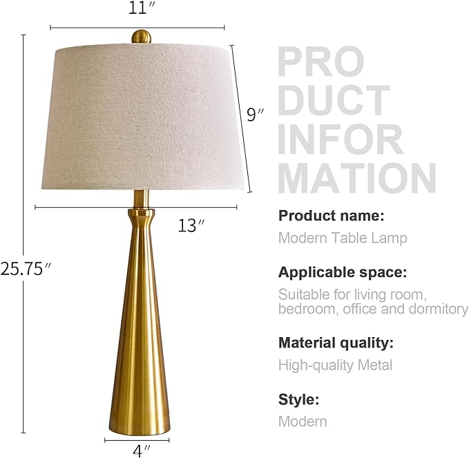 Oneach 25.75" 3-Way Dimmable Touch Control Modern USB Table Lamp Set of 2 for Living Room Bed Room Bedside Nightstand Lamps Fabric Shade Vintage Accent Light Gold Antique Brass - LeafyLoom