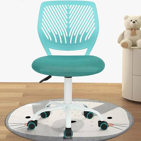 FurnitureR Desk Chair Small Study Chairs Armless for Child Kids Teens, Swivel Rolling Lightweight Task Chair with Wheels and Mesh Padded Cushion, Turquoise - LeafyLoom