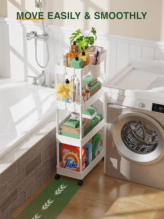 LEHOM Slim Rolling Storage Cart - 4 Tiers Bathroom Organizer Utility Cart Slide Out Storage Shelves Mobile Shelving Unit for Kitchen, Bedroom, Office, Laundry Room, Small Narrow Spaces (Pear White) - LeafyLoom