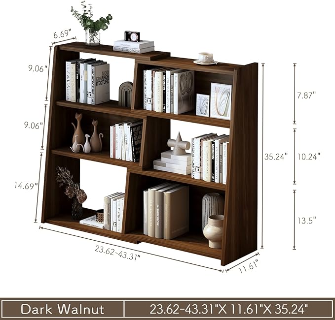 IOTXY Wooden Extendable Shelf Bookcase - 3-Tier Ladder Low Short Bookshelf for Small Space or Corner, Dark Walnut, S - LeafyLoom