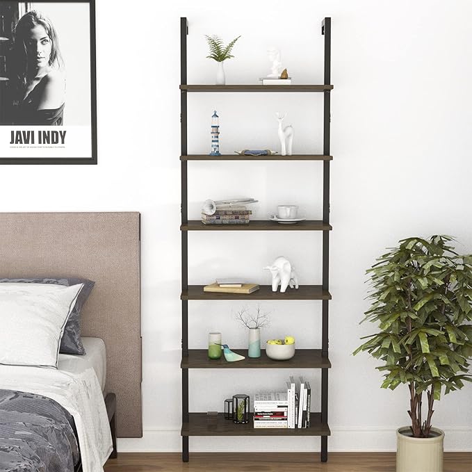 Ladder Shelf Black 6 Tiers Modern Bookshelf Room Organizer Open Tall Wall Mount Bookcase Standing Leaning Wall Shelves Industrial Decorative Living Room Bed Room - LeafyLoom