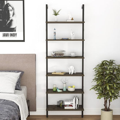 Ladder Shelf Black 6 Tiers Modern Bookshelf Room Organizer Open Tall Wall Mount Bookcase Standing Leaning Wall Shelves Industrial Decorative Living Room Bed Room - LeafyLoom