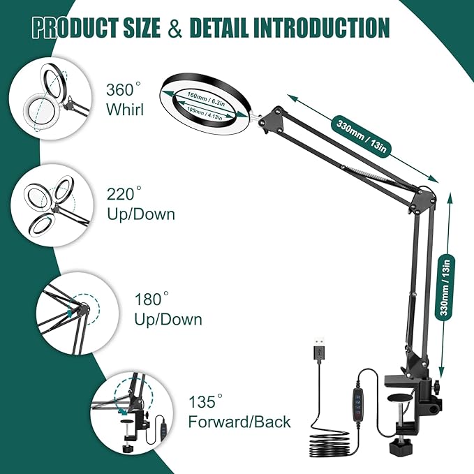 Magnifying Glass with Light Toolour 5X&10X Magnifying Glass Light with 26in Long Arm, 3 Colors Dimming Magnifying Desk Lamp, Lighted Magnifier Glass for Jewelry Close Work Reading Hobby Craft - LeafyLoom