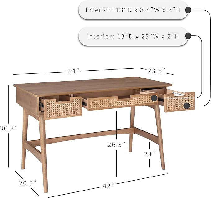 Linon Natural Dutton Wood and Rattan Desk - LeafyLoom