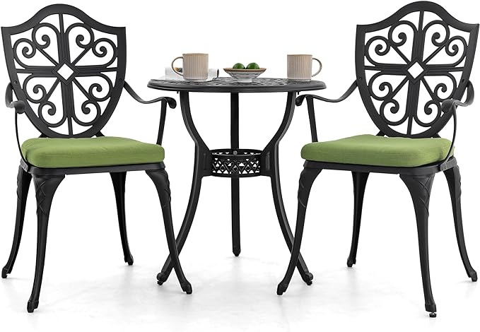 NUU GARDEN Bistro Set 3 Piece Outdoor, Cast Aluminum Patio Bistro Sets with Umbrella Hole and Green Cushions, Bistro Table and Chairs Set of 2 for Patio Backyard, Black - LeafyLoom