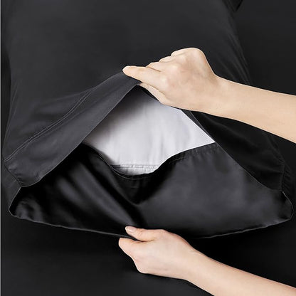 Bedsure Full Size Sheets, Cooling Sheets Full, Rayon Derived from Bamboo, Deep Pocket Up to 16", Breathable & Soft Bed Sheets, Hotel Luxury Silky Bedding Sheets & Pillowcases, Black - LeafyLoom