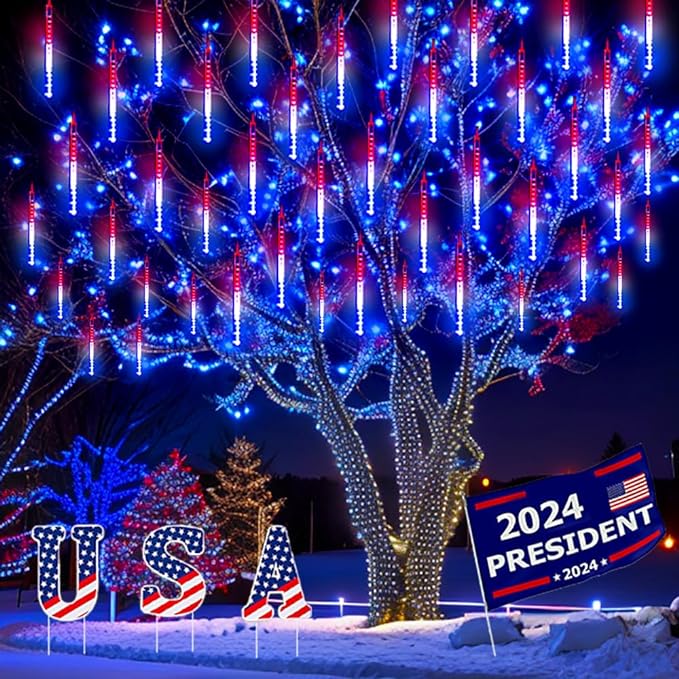 Kwaiffeo 4th of July Decorations Outdoor, Red White Blue Meteor Shower Lights for Independence National Memorial Day, Patriotic Flag Lights for 2024 American President Election Campaign, 8 Tubes Kwaiffeo