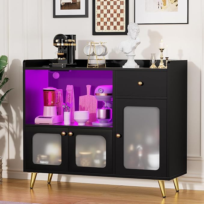 Cyclysio Sideboard Buffet Cabinet with Power Outlet, Kitchen Cabinet with LED Lights, Large Bar Cart Accent Buffet Cabinet with Door for Bedroom, Living Room, Kitchen, Hallway, Black - LeafyLoom