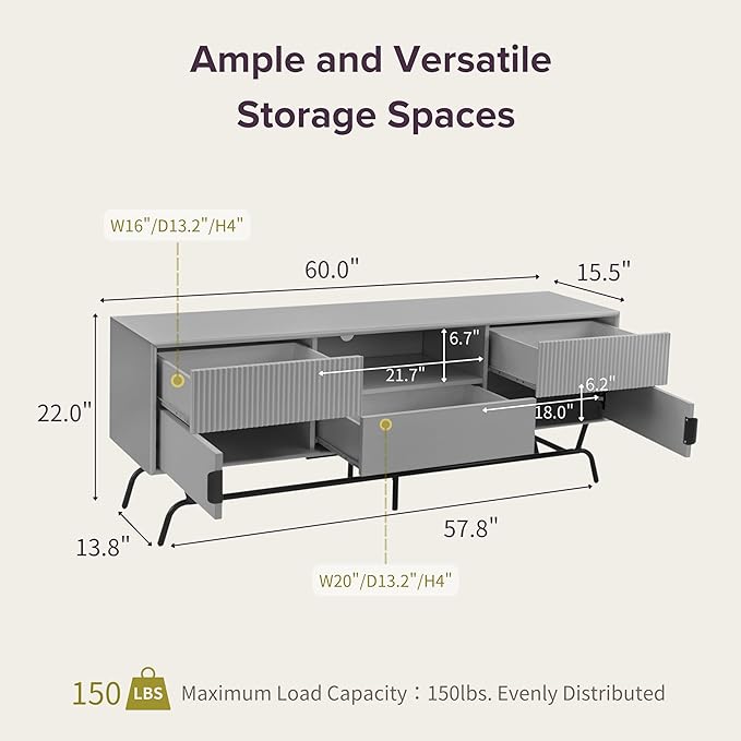 24/7 Shop at Home Quin Modern TV Stand with Storage Drawers, Media Console Cabinet, Entertainment Center for 65 inch Television, Unique Living Room Furniture, Grey Pure - LeafyLoom