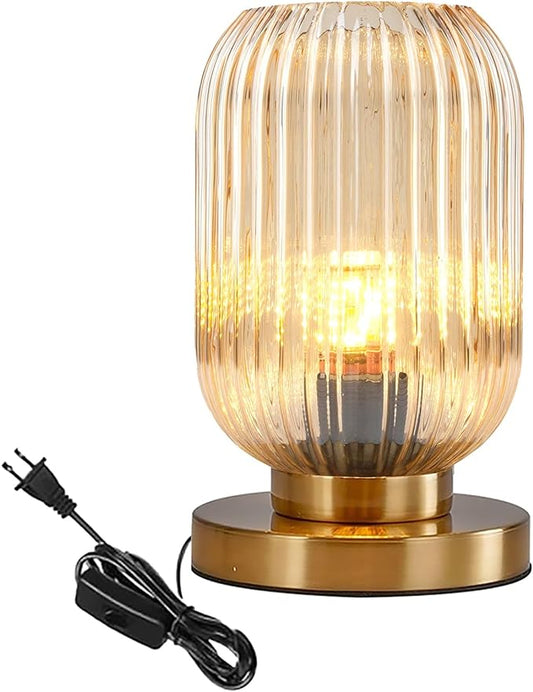 Bedside Table Lamp Mid Century Glass Table Lamps Modern Globe Table lamp Gold Desk lamp nightstand lamp with Amber Pumpkin Design with Ribbed Glass Shade for Bedroom Living Room Office - LeafyLoom