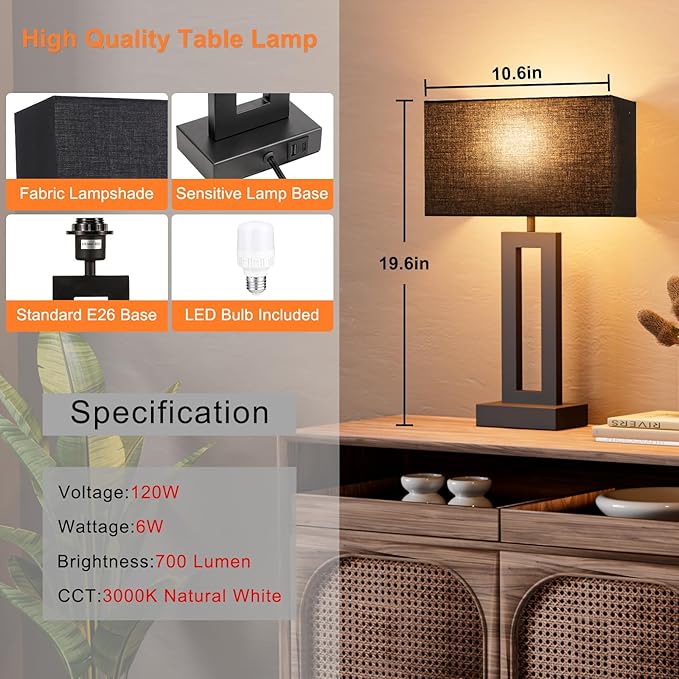 Nightstand Table Lamps for Bedrooms Set of 2 - Touch Bedside Lamp with USB C+A, 3 Way Dimmable Living Room Lamps for End Tables Set of 2, Modern Night Stand Lamps for Bed Side Guest Room(Black) - LeafyLoom