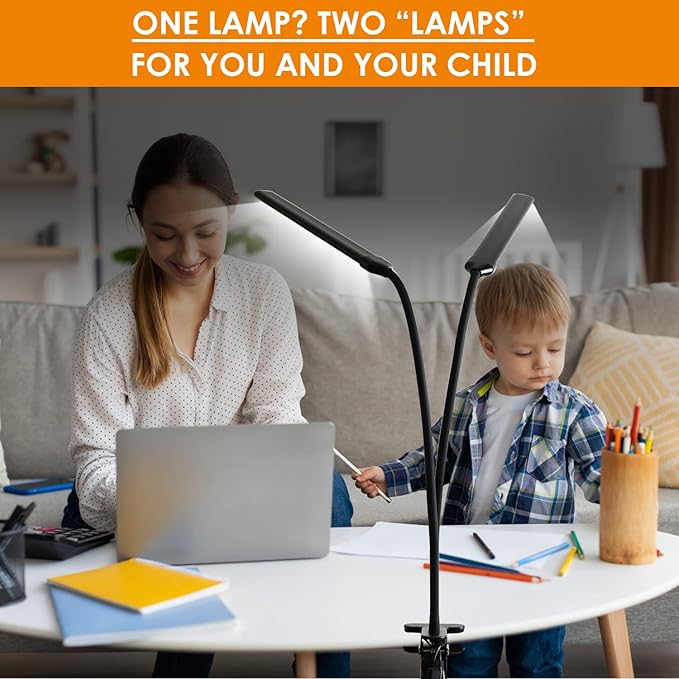 Desk Lamp, Clamp on Lamp with 2 LED Tubes, 13W, 1200 Lms, 3 Color Modes, 10 Brightness Levels, 18.5 Inches Flexible Gooseneck LED Clip Book Light for Reading, Working (Adapter Included) - LeafyLoom