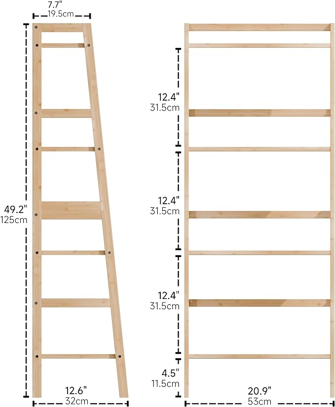 Ladder Shelf, 4-Tier Bookshelf, Bamboo Leaning Bookcase, Display Storage Rack Organizer, Freestanding Flower Plant Stand for Living Room, Home Office, Kitchen, Natural - LeafyLoom