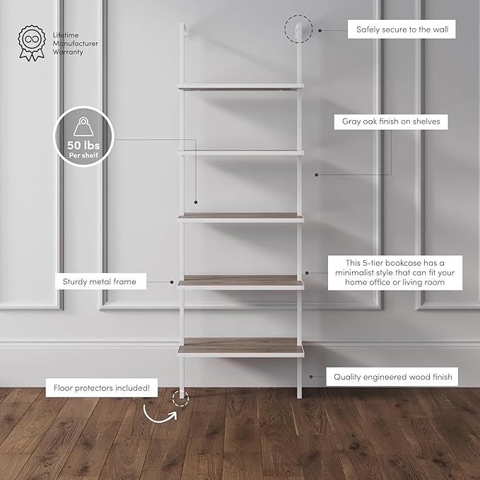 Nathan James Theo 5-Shelf Modern Bookcase, Open Wall Mount Ladder Bookshelf with Industrial Metal Frame, Gray Oak Wood/White - LeafyLoom