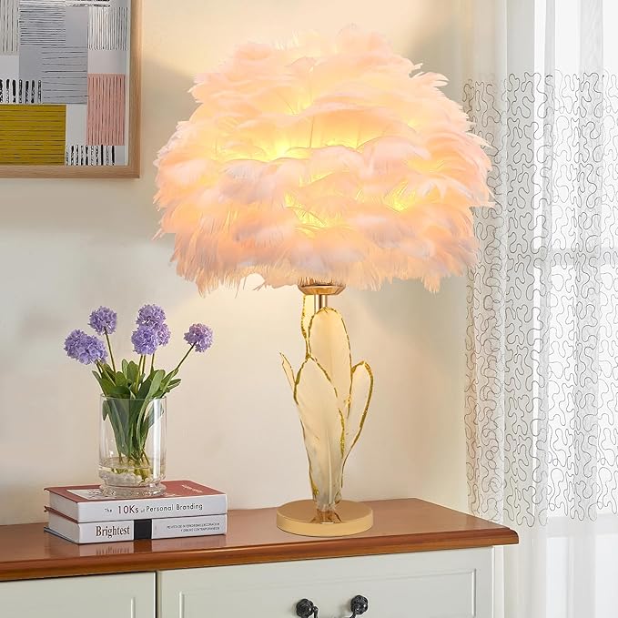 ZYLEIESENBAO Girl Lamp Creative Feather Table Lamp Gold Pink Bedside Princess Lamp Goose Feather Desk Lamp Simple Atmosphere Decoration Art Wedding Romantic Table Lamp - LeafyLoom